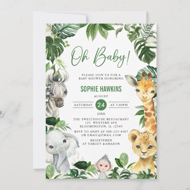Greenery Gold Jungle Animals Safari Oh Baby Dusche Einladung (Vorderseite)