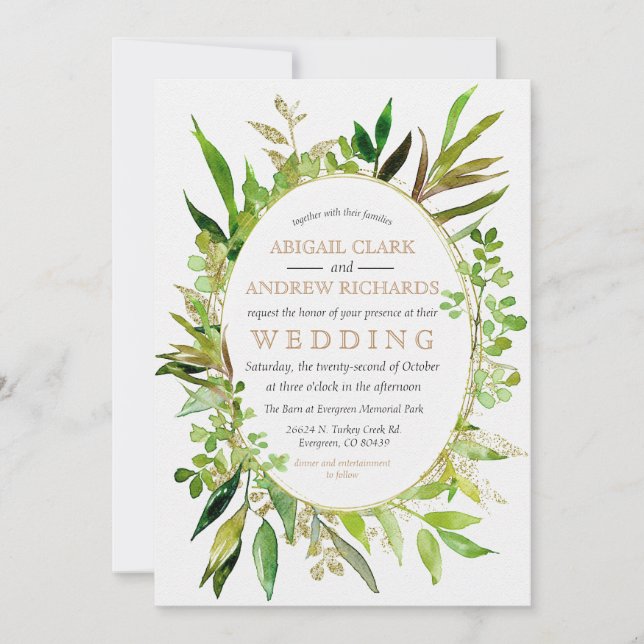 Greenery & Gold Leaf Gerahmte Hochzeit Einladung (Vorderseite)