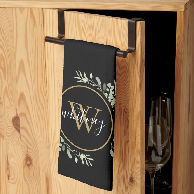 Greenery Gold Monogram Chic Script Black Geschirrtuch (Drittel gefaltet)