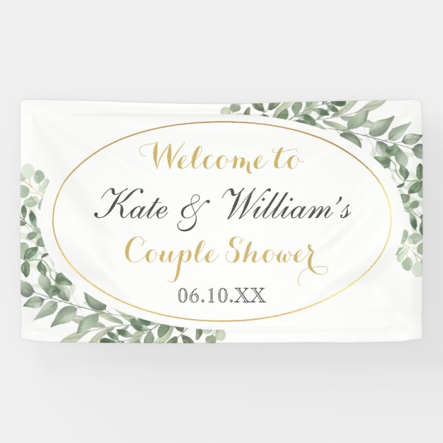 Greenery Gold Monogram Elegant Couples Dusche Banner (Horizontal)