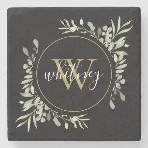 Greenery Gold Monogram Elegante Schrift Schwarz Steinuntersetzer