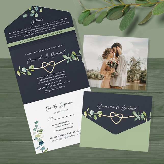 Greenery Gold Navy Wedding All In One Einladung (Von Creator hochgeladen)