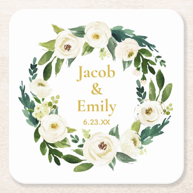 Greenery Gold Personalisierte Namen Datum Hochzeit Rechteckiger Pappuntersetzer (Vorderseite)