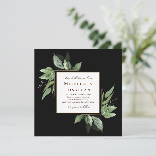 Greenery Gold Rahmen auf Christlicher Hochzeit Einladung (Stehend Vorderseite)