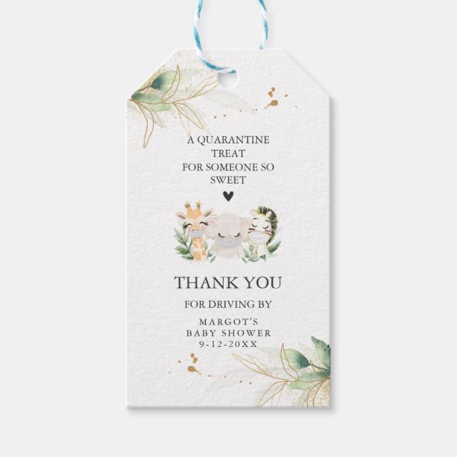 Greenery Gold Safari Tierwagen durch Babydusche Geschenkanhänger (Vorderseite)