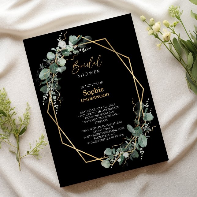 Greenery Gold Simple Black Wedding Brautparty Einladung (Von Creator hochgeladen)