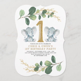 Greenery Gold Twin Elephant 1. Geburtstag Wild One Einladung