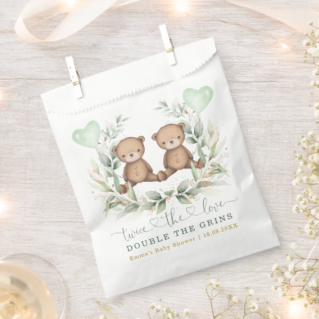Greenery Gold Twin Teddy Bear Balloon Baby Shower Geschenktütchen (Ausgeschnitten)