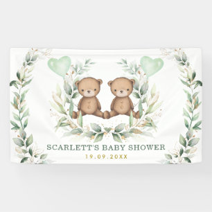 Greenery Gold Twin Teddy Bears Baby Dusche Willkom Banner
