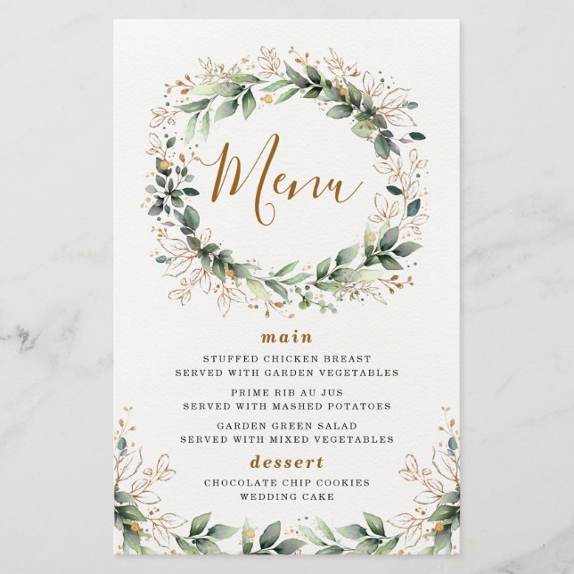 Greenery Gold Watercolor Leaf Wedding Menu Cards (Vorderseite)