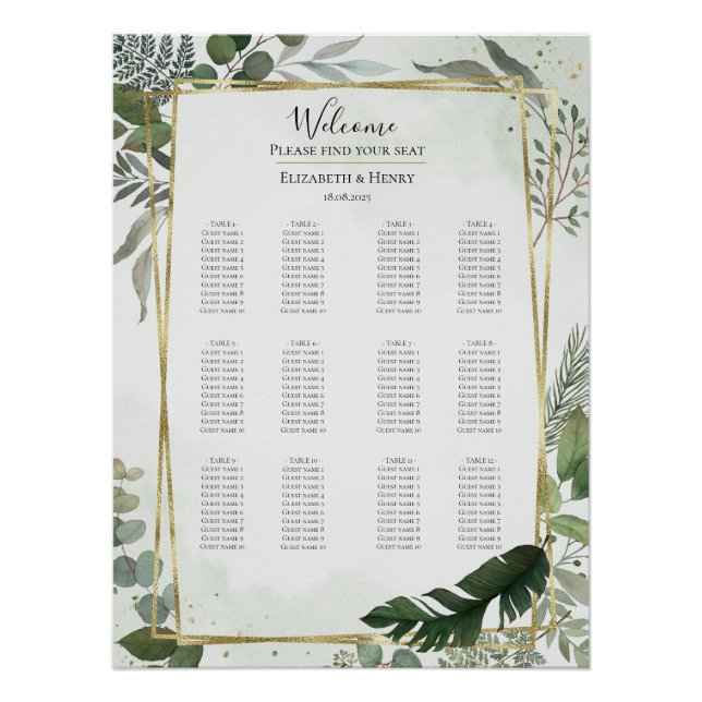 Greenery gold watercolour wedding seating chart (Vorderseite)