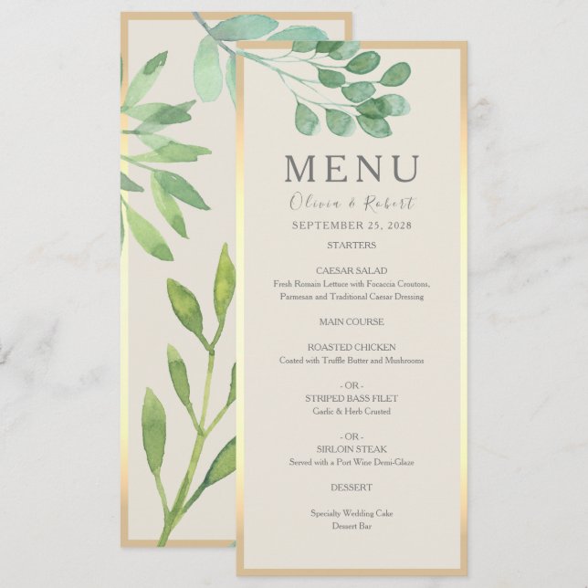 Greenery Gold Wedding Menu Card Menükarte (Vorne/Hinten)