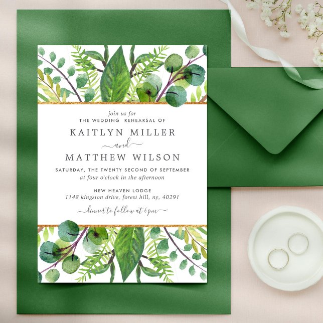 Greenery & Gold Wedding Probe Dinner Einladung (Von Creator hochgeladen)