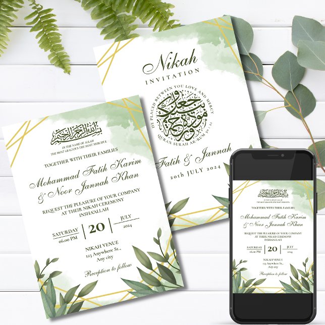 Greenery Gold White Muslim Wedding Nikah Einladung (Von Creator hochgeladen)