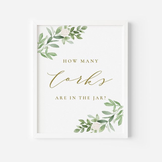 Greenery Gold Wie viele Korken sind im Jar Spiel Poster (Greenery Cork Guessing Game Sign | Watercolor Corks in a Jar Game for Showers and Parties)