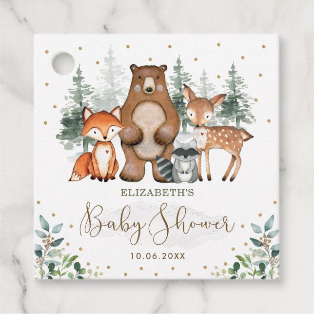 Greenery Gold Woodland Animals Forest Baby Shower Geschenkanhänger (Vorderseite)