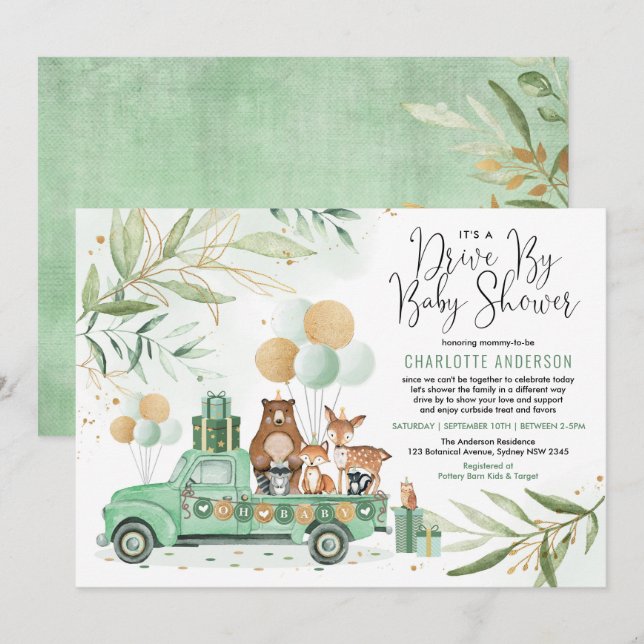 Greenery Gold Woodland Drive Through Baby Shower Einladung (Vorne/Hinten)