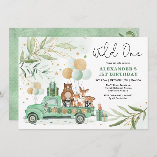 Greenery Gold Woodland Tiere Wild One Birthday Einladung (Vorne/Hinten)