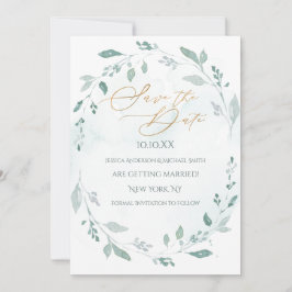 Greenery Gold Wreath Wasserfarbe Save the Date Einladung