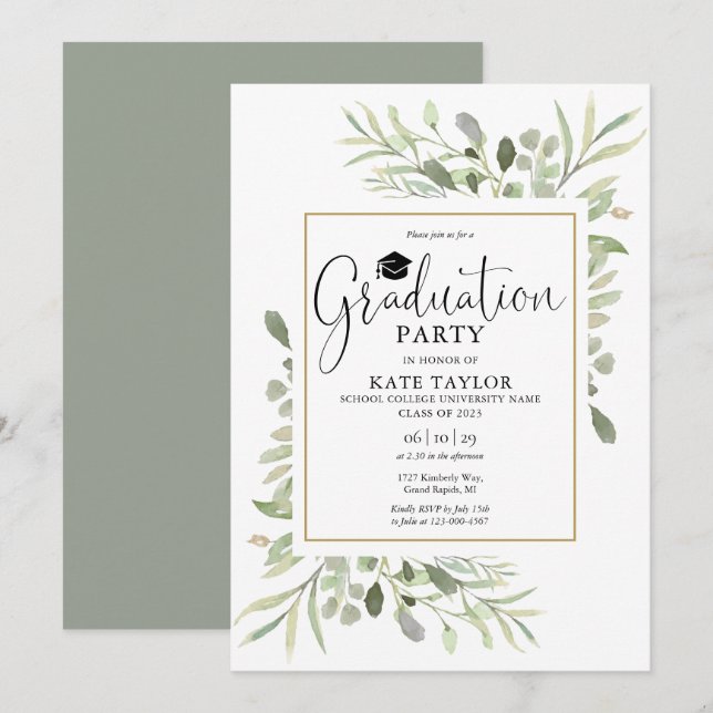 Greenery Graduation Party Gold Geometric Einladung (Vorne/Hinten)