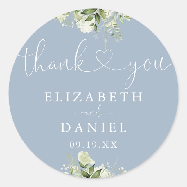 Greenery Heart Script Dusty Blue Gastgeschenk Hoch Runder Aufkleber (Vorderseite)