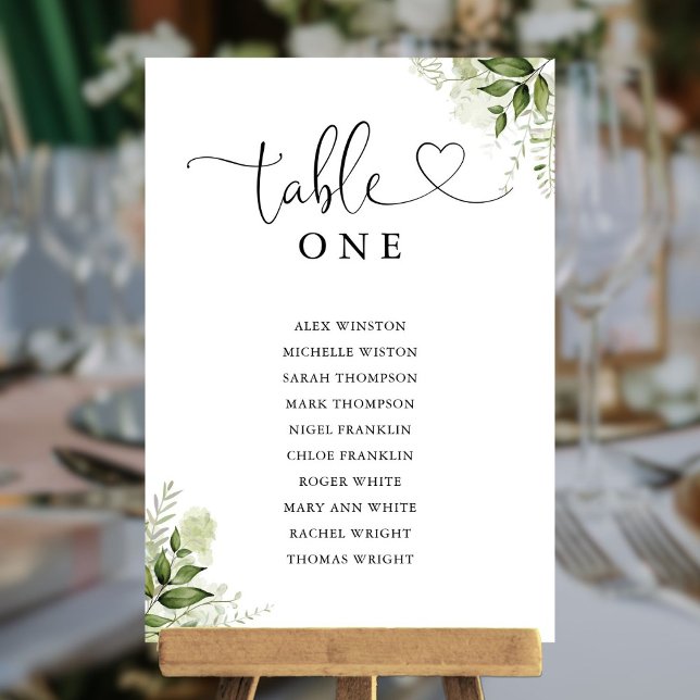 Greenery Heart Script Tischnummer Seating Chart (Greenery Heart Script Table Number Seating Chart)