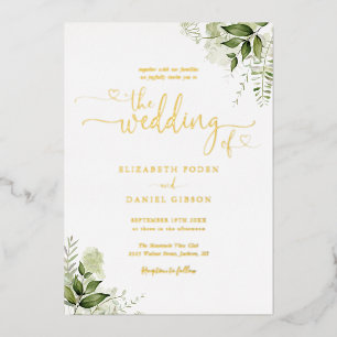 Greenery Hearts Schriftzug Hochzeit Gold Folieneinladung