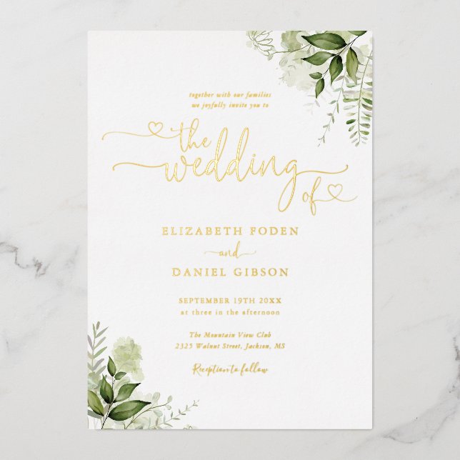 Greenery Hearts Script Calligraphy Wedding Gold Folieneinladung (Vorderseite)
