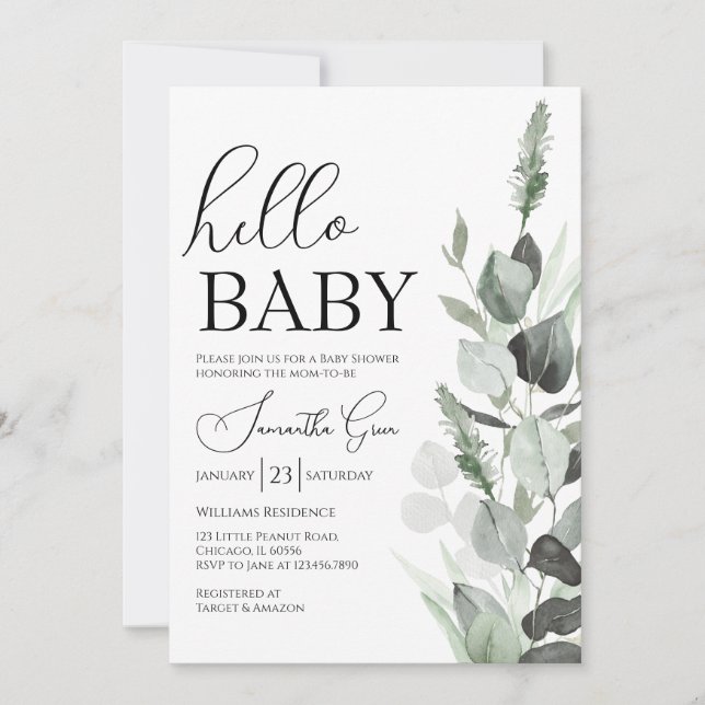 Greenery Hello Baby Shower Einladung (Vorderseite)