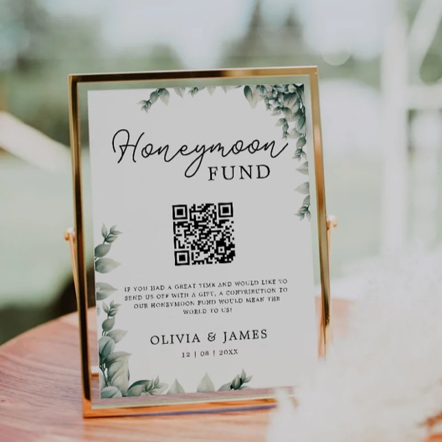 Greenery Honeymoon Fund QR Code Sign, Wedding Einladung (Greenery Honeymoon Fund QR Code Sign, Wedding Invitation)