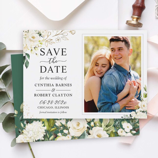 Greenery Ivory White Gold Elegantes Foto Save The Date (Von Creator hochgeladen)