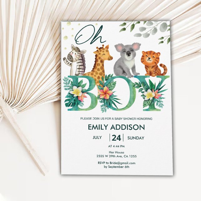 Greenery Jungle Animals Oh Boy Safari Baby Dusche Einladung (Greenery Jungle Animals Oh Boy Safari Baby Shower Invitation)