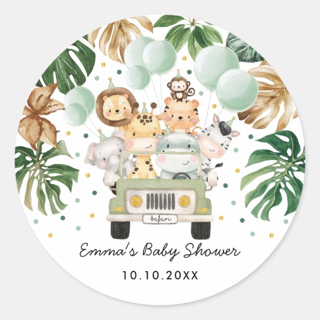 Greenery Jungle Safari Wild Animals Baby Shower Runder Aufkleber (Vorderseite)