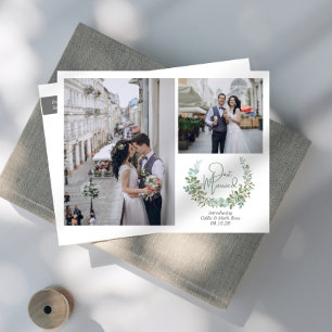 Greenery Just Married Wedding Fotos Ankündigungspostkarte
