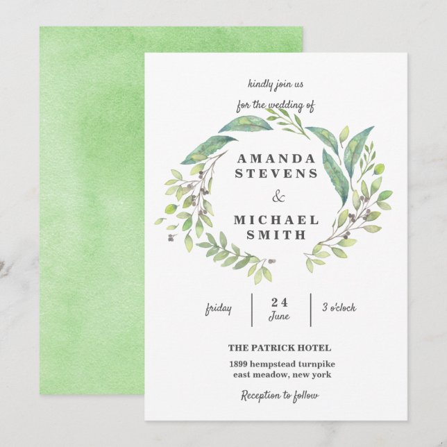 Greenery Laurel Olive Wreath Watercolor Wedding Einladung (Vorne/Hinten)