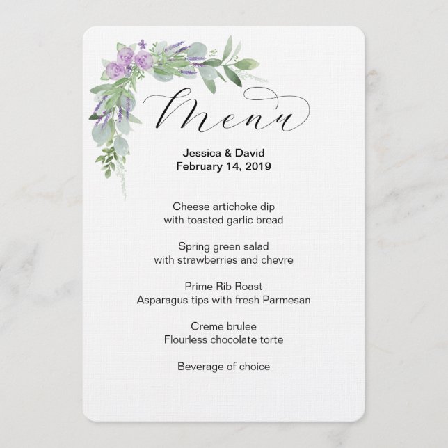 Greenery & Lavender Wedding Menu Menükarte (Vorderseite)