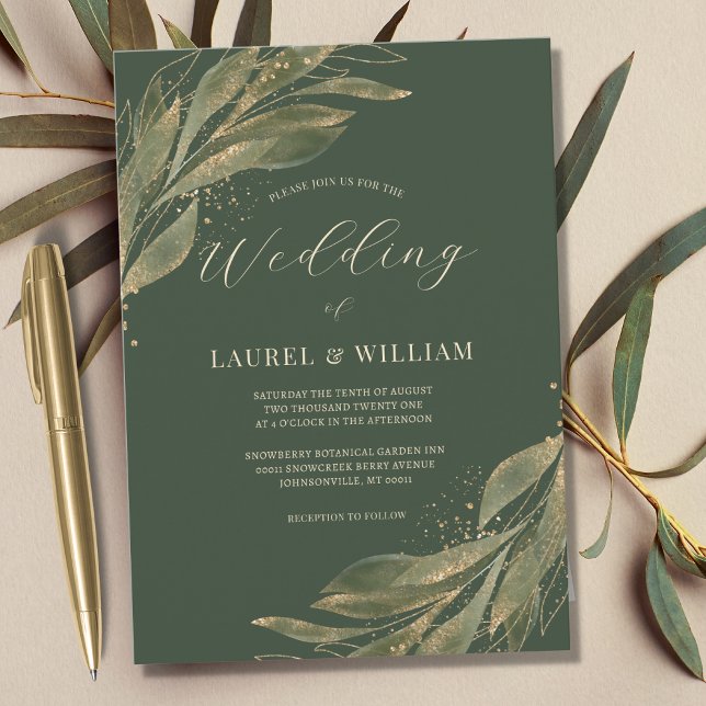 Greenery Leaf Green Gold Elegante Hochzeit Einladung (Von Creator hochgeladen)