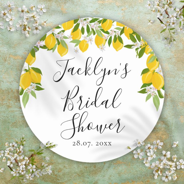 Greenery Lemon Blossom Brautparty Runder Aufkleber (Greenery Lemon Blossom Bridal Shower Classic Round Sticker)