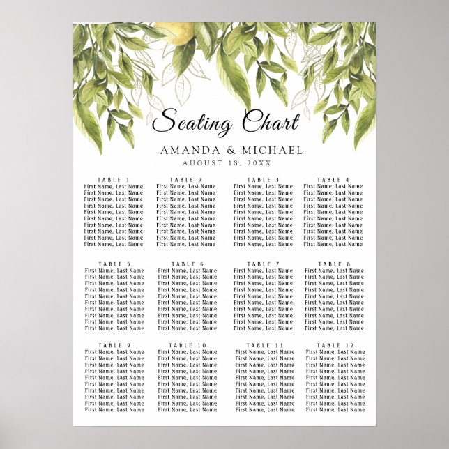 Greenery Lemons Rustikale Hochzeitssitzkarten Poster (Vorne)