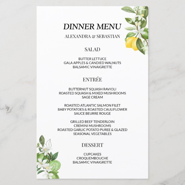 Greenery Lemony Wedding Dinner Menu (Vorderseite)