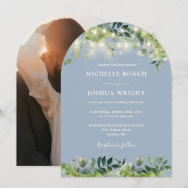 Greenery Lights Arch Dusty Blue Foto Wedding Einladung