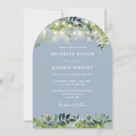 Greenery Lights Arch Dusty Blue QR Code Wedding Einladung