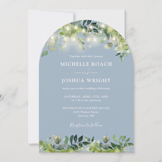 Greenery Lights Arch Dusty Blue QR Code Wedding Einladung (Vorderseite)