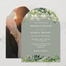 Greenery Lights Arch Sage Green Foto Wedding Einladung