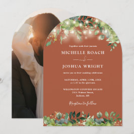 Greenery Lights Arch Terracotta Foto Wedding Einladung