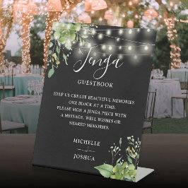 Greenery Lights Black Jenga Wedding Gästebuch Sockelschild