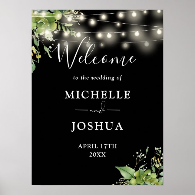 Greenery Lights Black Wedding Willkommenszeichen Poster (Vorne)
