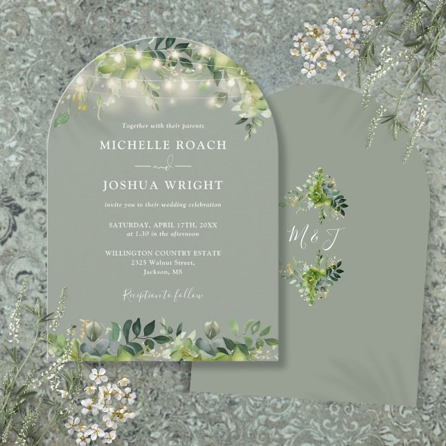 Greenery Lights Monogram Sage Green Wedding Einladung (Greenery Lights Monogram Sage Green Wedding Invitation)