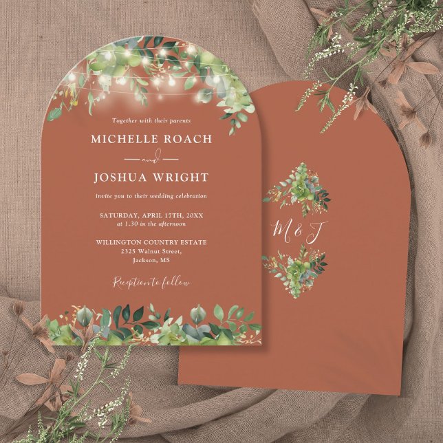 Greenery Lights Monogram Terracotta Wedding Einladung (Greenery Lights Monogram Terracotta Wedding Invitation)