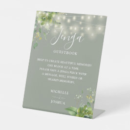 Greenery Lights Sage Green Jenga Wedding Gästebuch Sockelschild